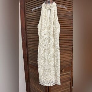 MELROSE Lacy Crochet Cocktail or Bridal Wedding Dress With Gold Shimmer Sz 6